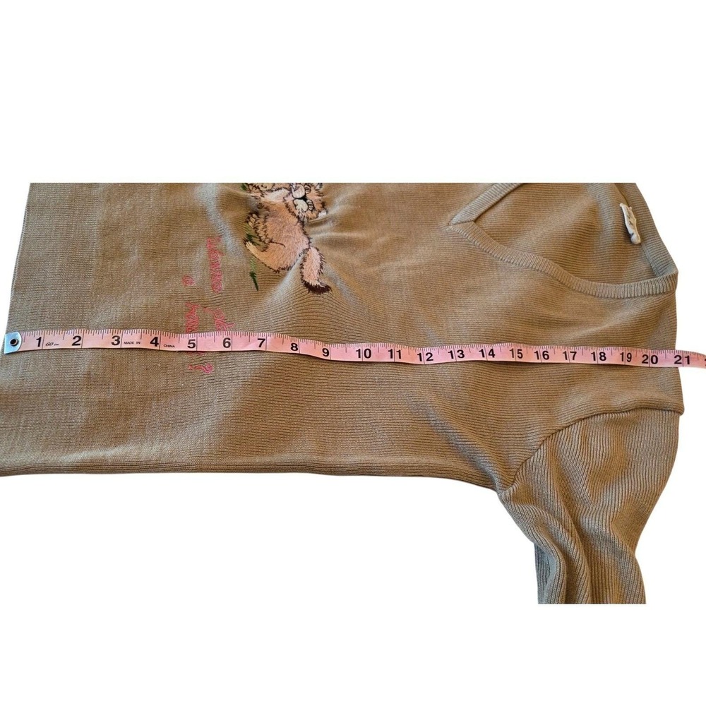 Vintage Women's Tan V Neck Long Sleeve Sweater Cat Kitten Embroidered Graphic - Picture 6 of 8